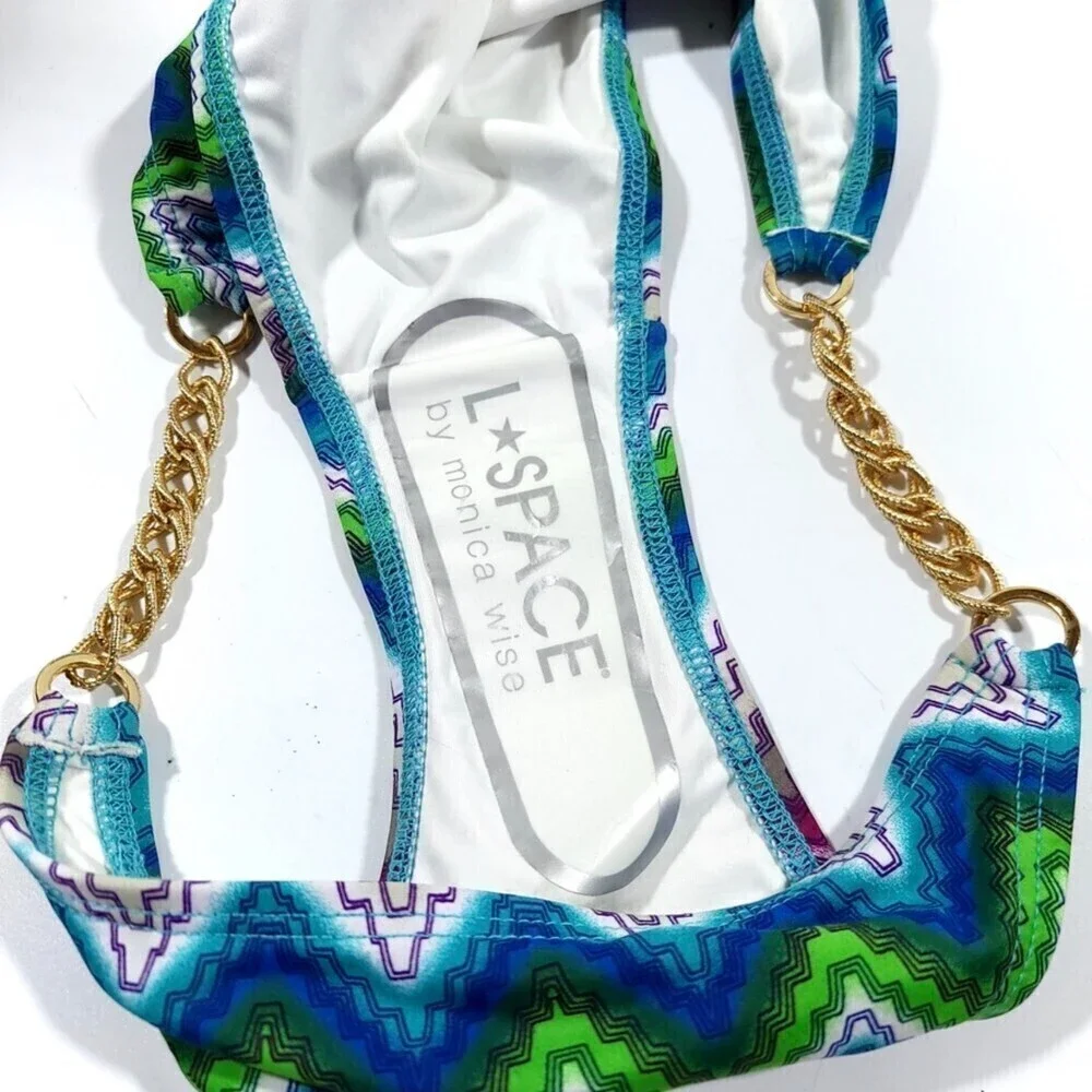 NEW L*Space Rope Chain Strape Bikini Bottom Blue Green Boho Chevron Print Small